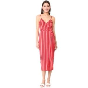 Wayf wrap spaghetti strap dress red with white black stripes, tie waist, medium